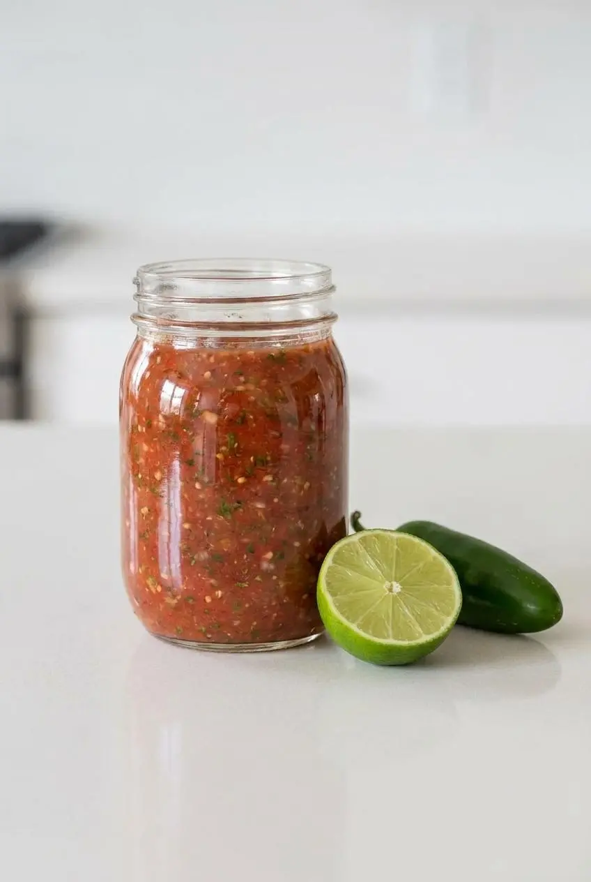 Freshly blended red salsa stored in a clear glass jar on a light kitchen counter next to a lime and jalapeño.
