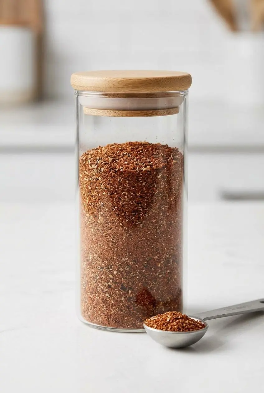 A clear glass jar filled with reddish-brown taco seasoning sitting next to a metal measuring spoon.