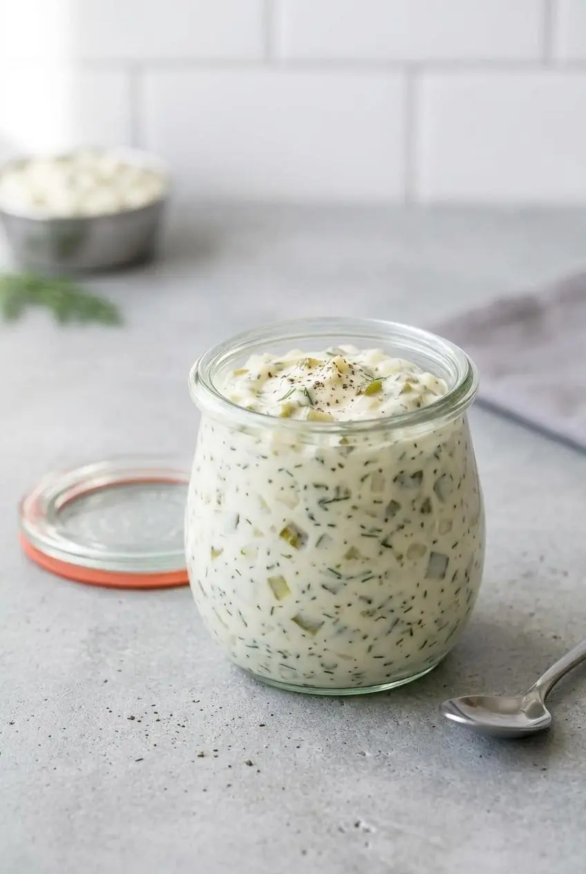 Homemade tartar sauce stored in a clear glass airtight jar on a grey kitchen countertop.