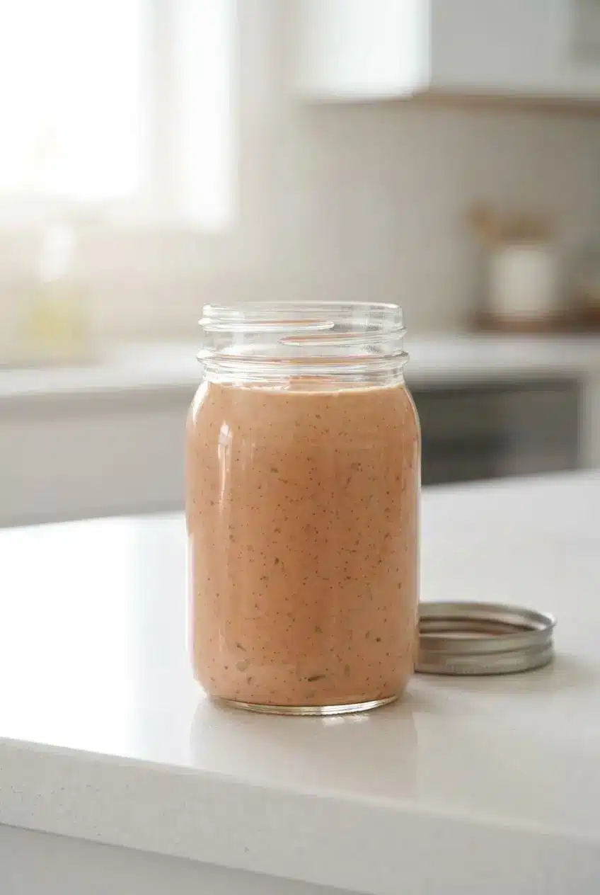 A clear glass mason jar filled with pinkish-orange dressing on a bright white kitchen countertop.