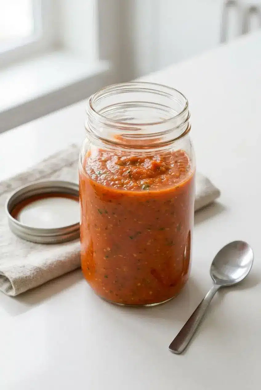 Cooled homemade tomato sauce stored in a clear glass jar on a kitchen counter