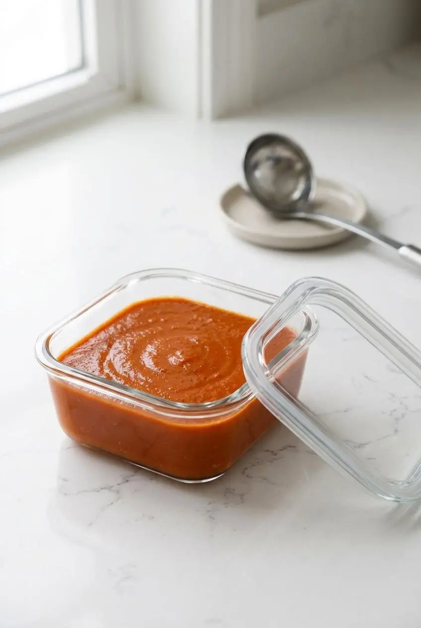Cooled roasted tomato soup stored in a clear airtight glass meal prep container on a quartz counter.