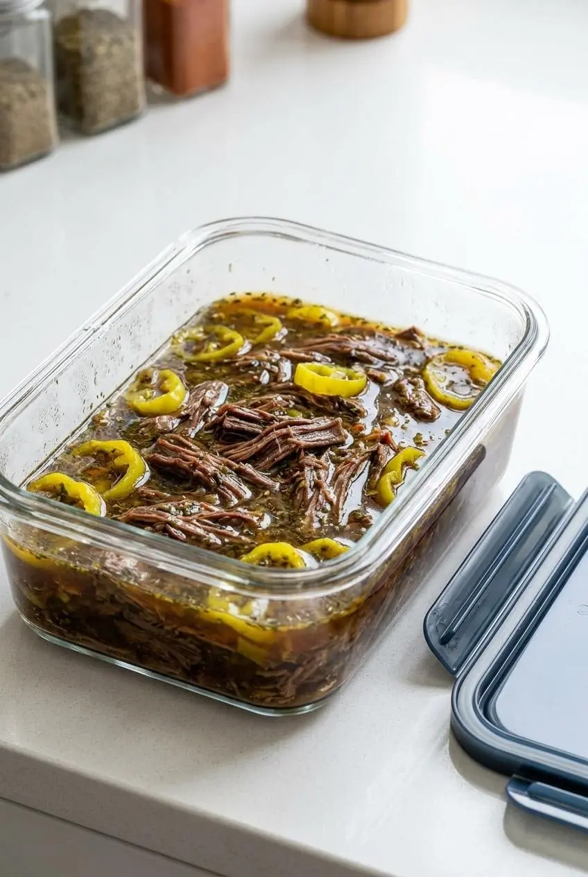 Shredded beef submerged in dark savory cooking broth inside a clear glass meal prep container.