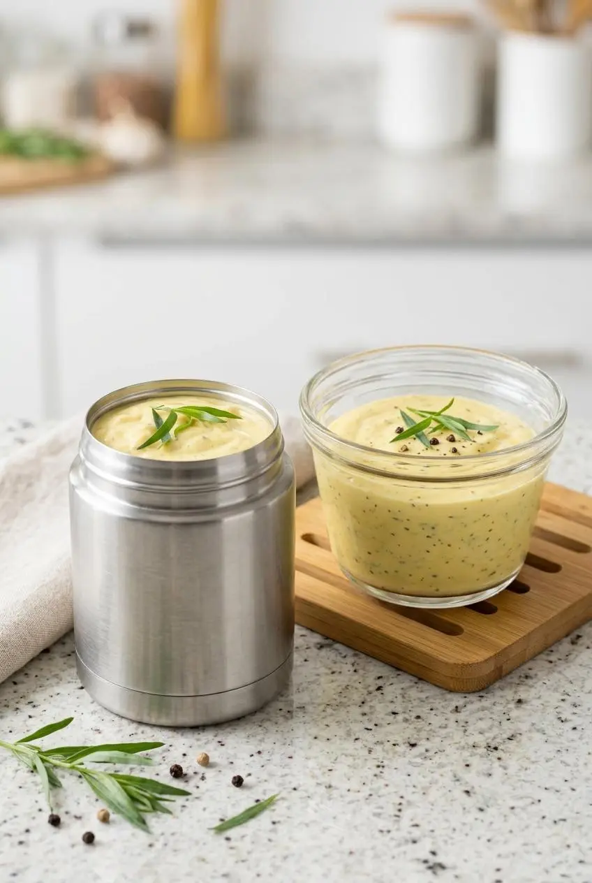 An open stainless steel thermos filled with warm bearnaise sauce next to a double-boiler on a kitchen counter.