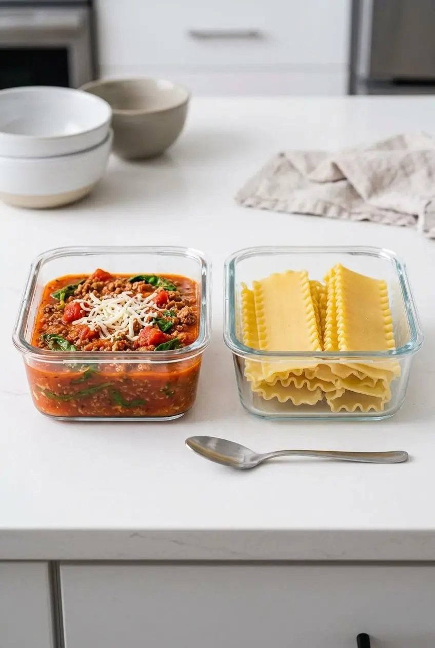 Two glass meal prep containers separating the rich red soup base from the cooked lasagna noodles.
