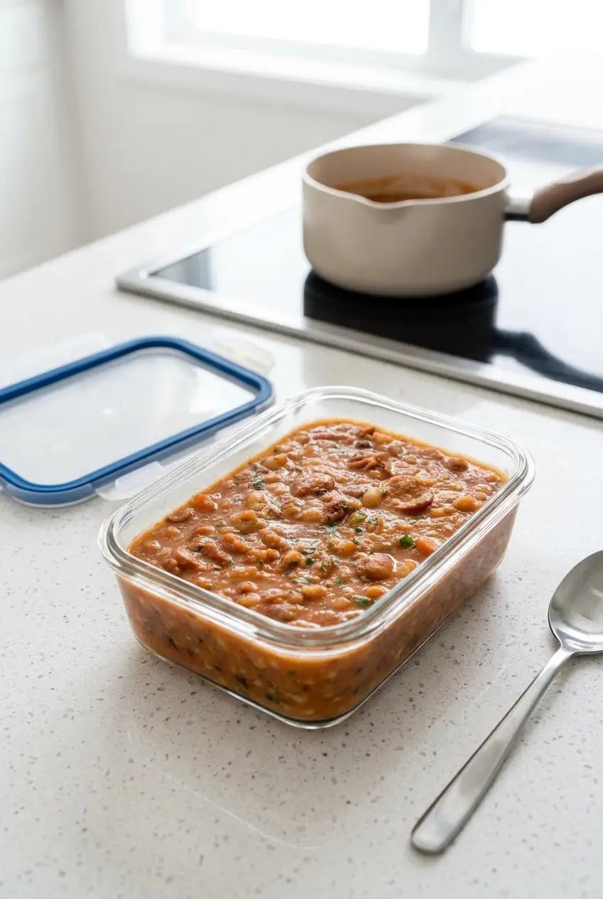 Rich 15 bean soup stored in a clear glass airtight meal prep container on a bright quartz kitchen counter
