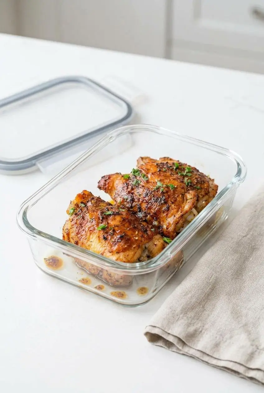Cooked chicken thighs arranged skin-side up in a glass container for meal prep storage.