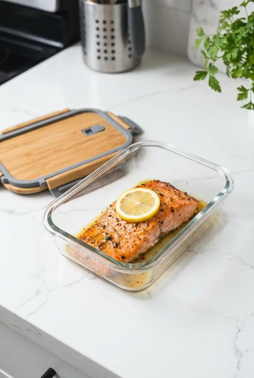Leftover baked salmon fillet stored in a clear glass meal prep container topped with a fresh lemon slice.
