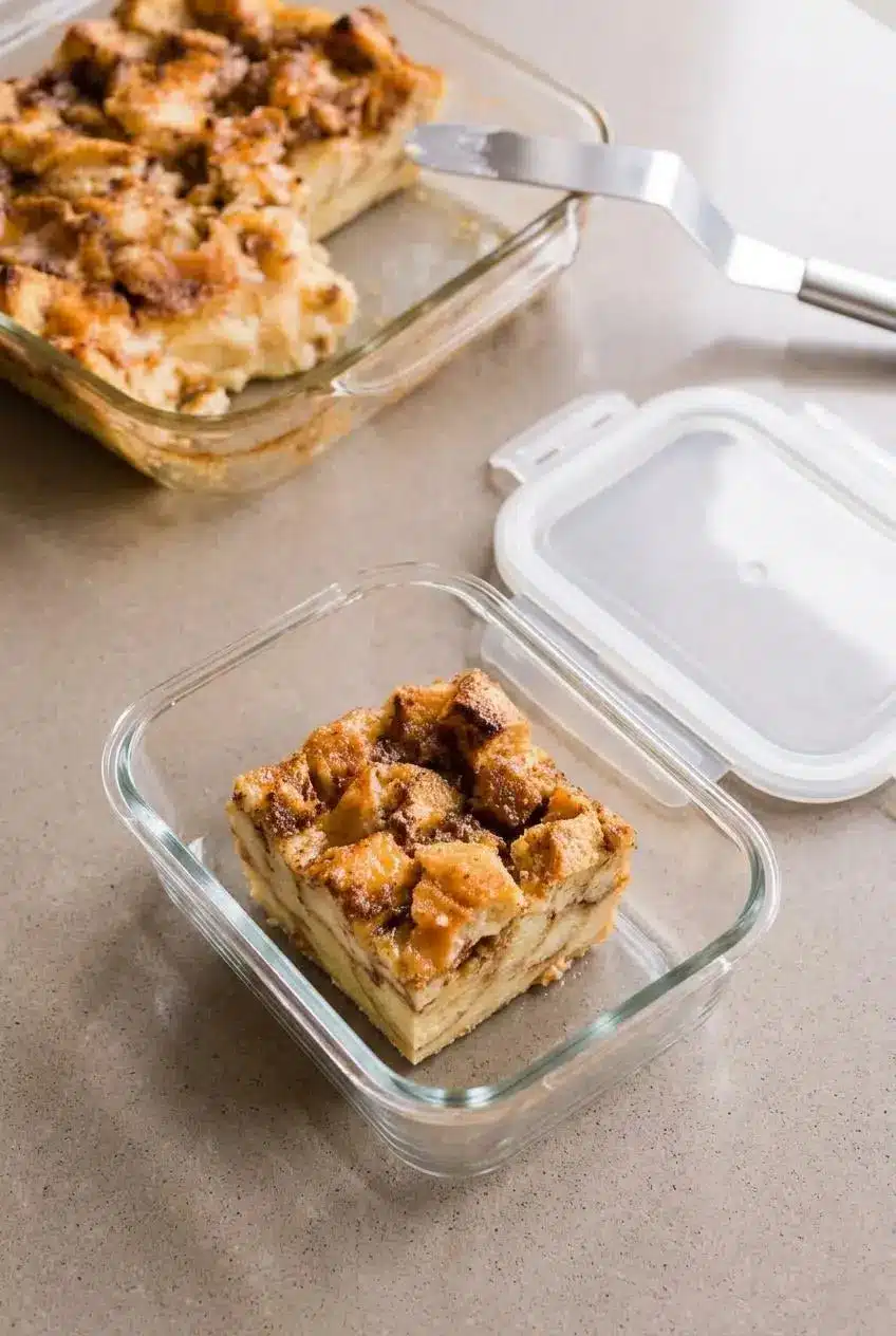 Portion of chilled bread pudding placed in a clear glass storage container for make-ahead meal prep.
