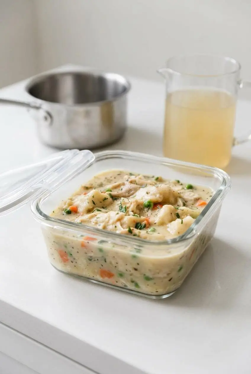 Leftover chicken and dumplings stored in a clear glass airtight container on a kitchen counter.