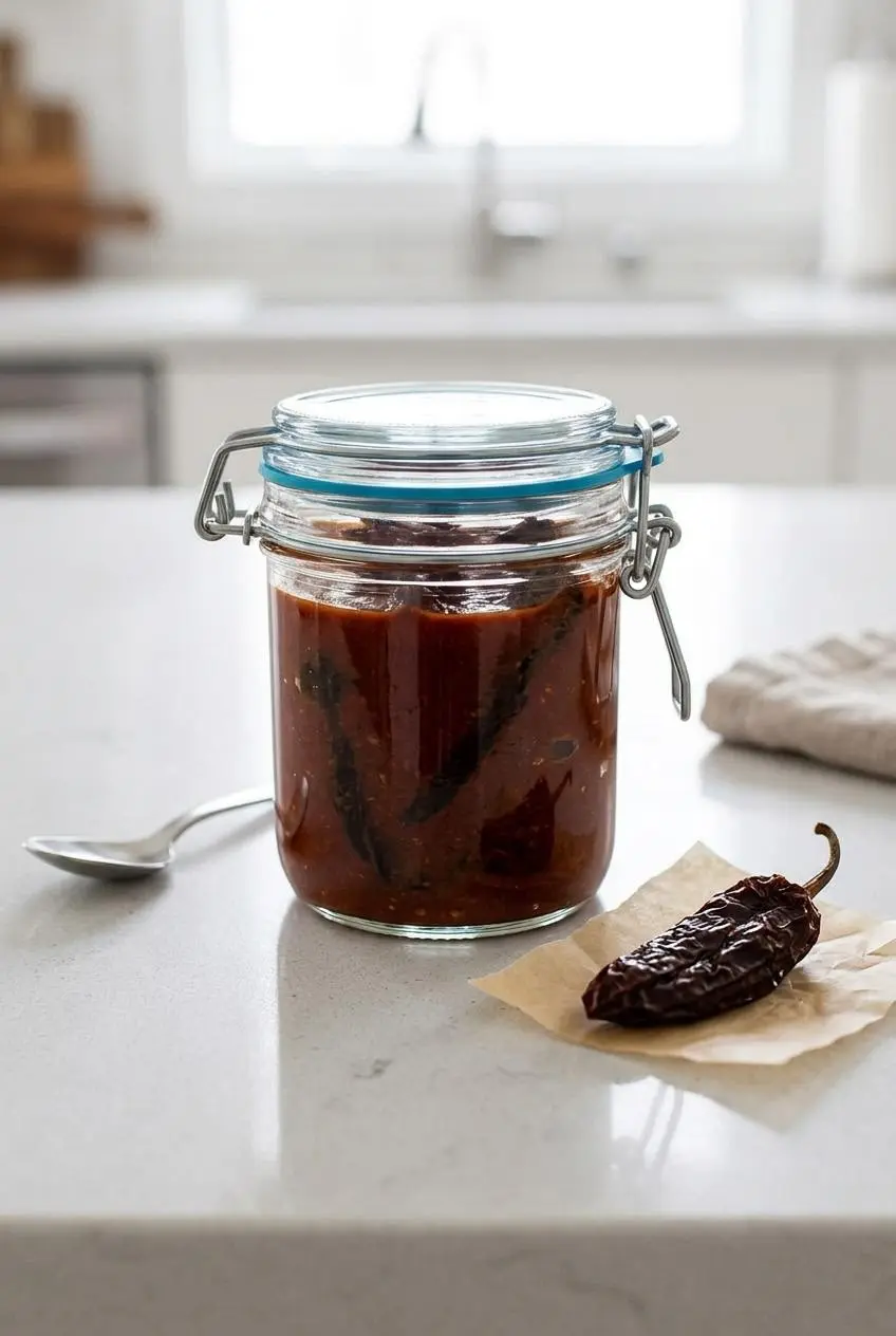 Whole chipotle peppers in adobo sauce stored in a clear glass jar next to a pepper on parchment paper.