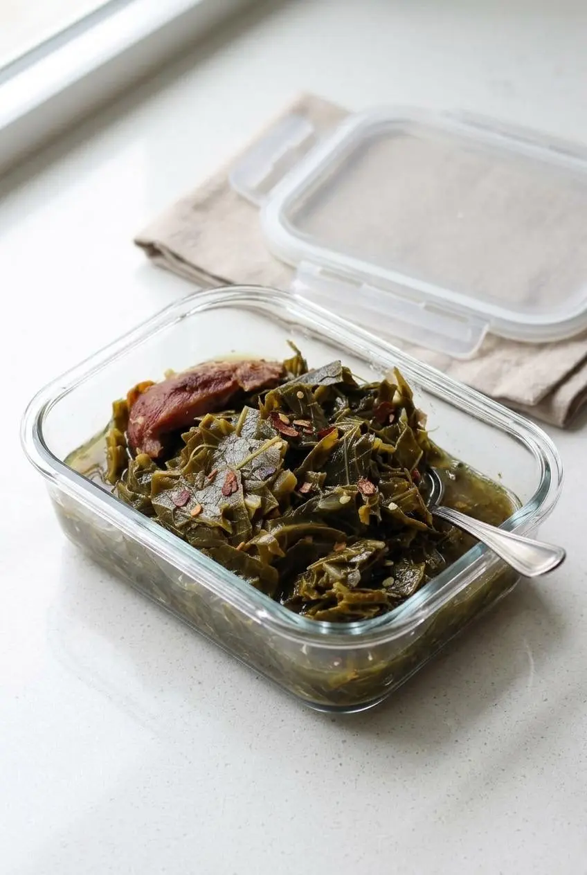 Cooked collard greens and savory broth stored inside a clear glass airtight meal prep container on a quartz countertop.