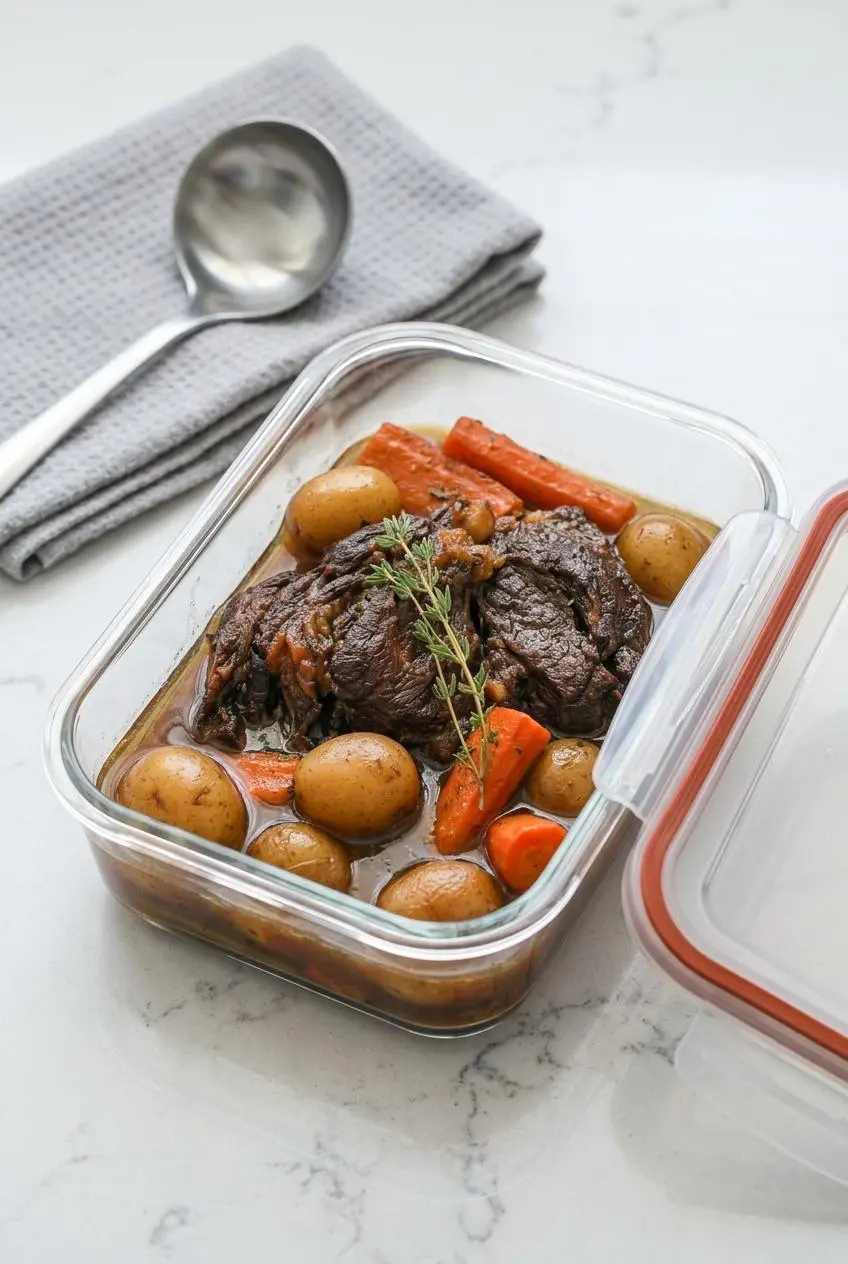 Glass food storage container with leftover pot roast beef, carrots, and potatoes submerged in gravy.