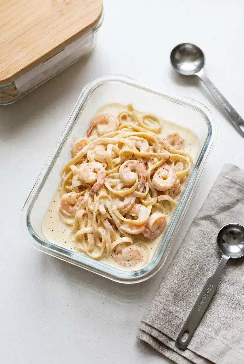 Leftover shrimp fettuccine alfredo stored in a glass meal prep container on a kitchen counter.
