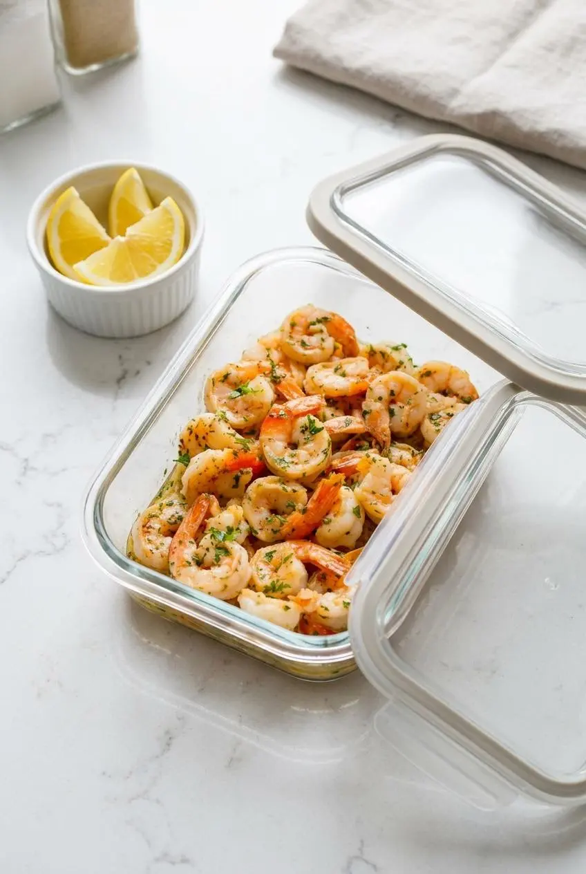 Leftover shrimp scampi stored in an airtight glass container on a countertop next to fresh lemon wedges.