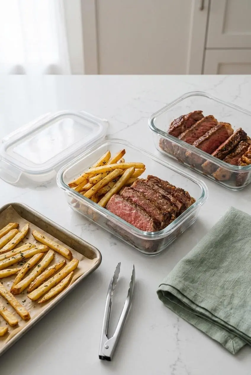 Cooked steak slices and fries stored in glass meal prep containers beside a baking sheet.