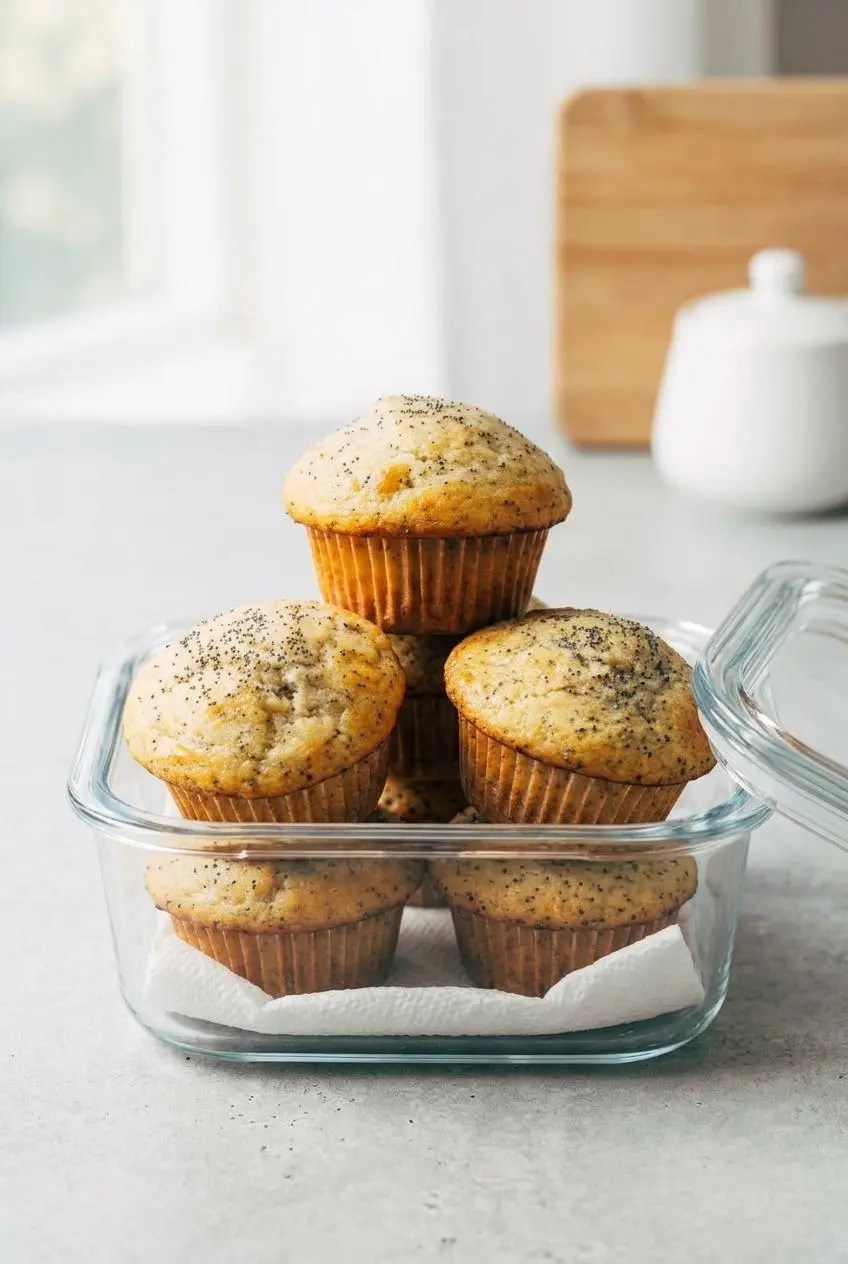 Lemon poppy seed muffins stored in a paper towel lined airtight glass container.