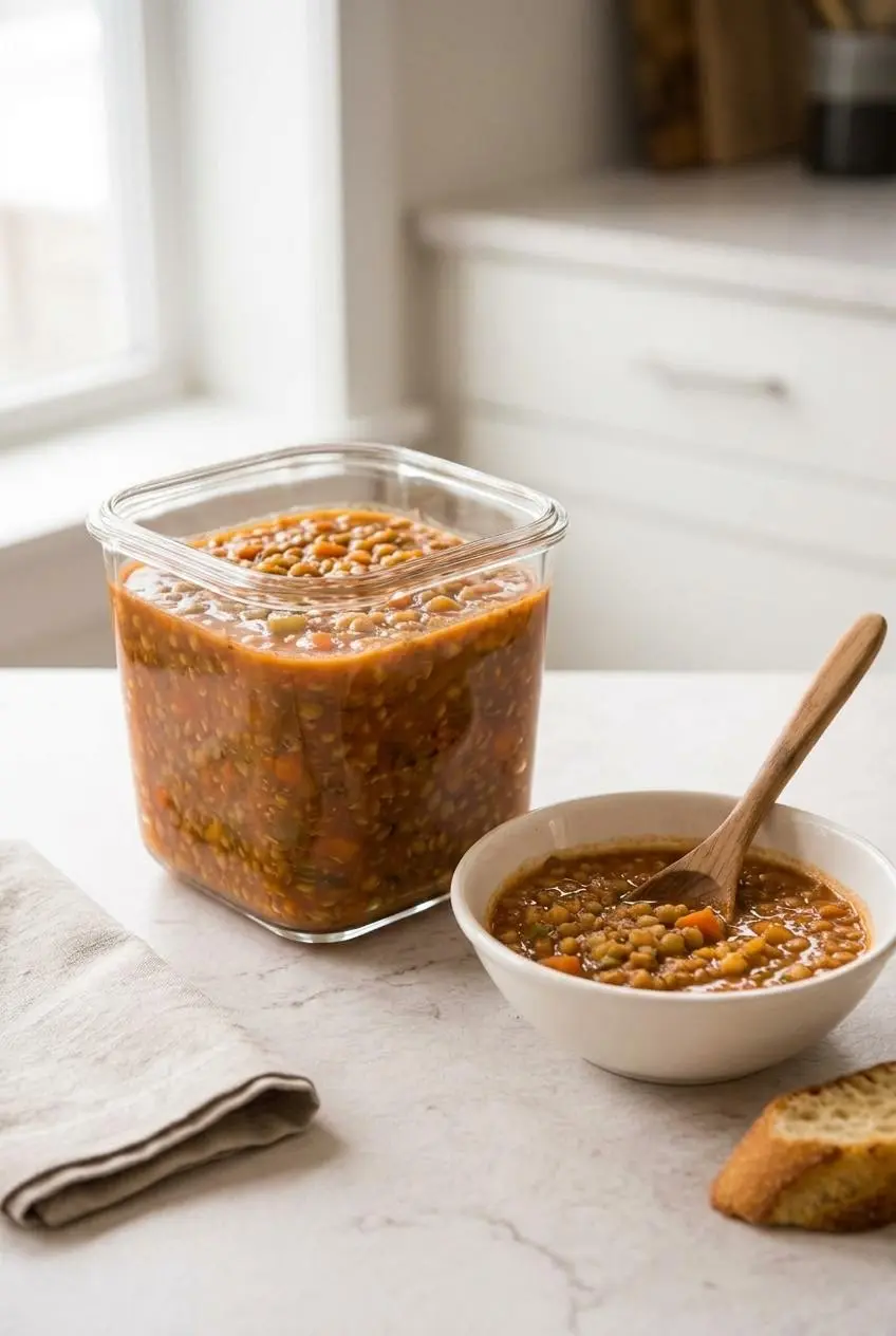 Cooled lentil soup in an airtight glass storage container on a kitchen counter for meal prep.