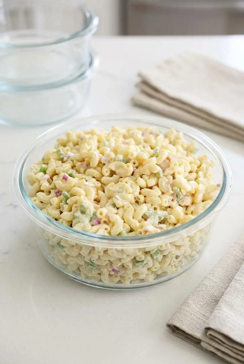 Creamy macaroni salad stored in a clear glass meal prep bowl on a clean quartz kitchen counter.