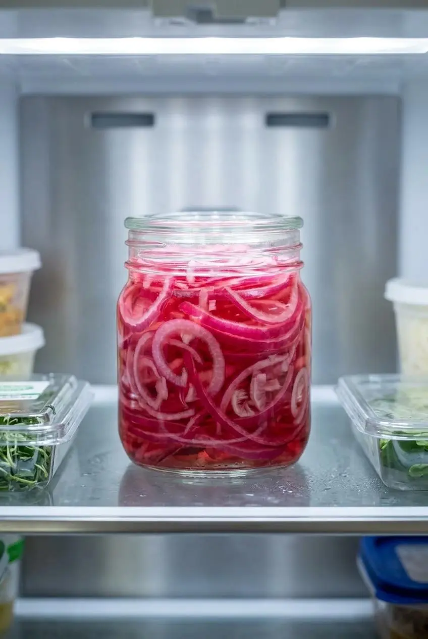 A sealed glass mason jar of pink pickled red onions in clear brine on a clean refrigerator shelf.