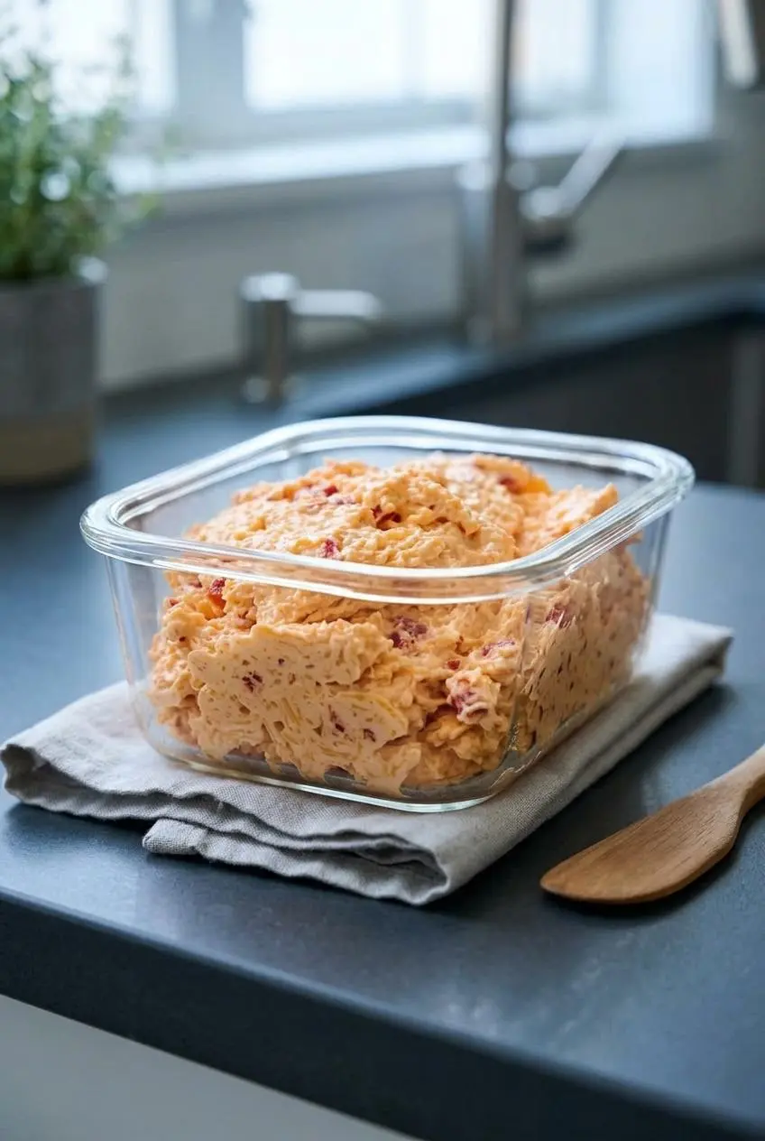 Homemade pimento cheese packed inside a clear glass airtight storage container on a gray countertop.