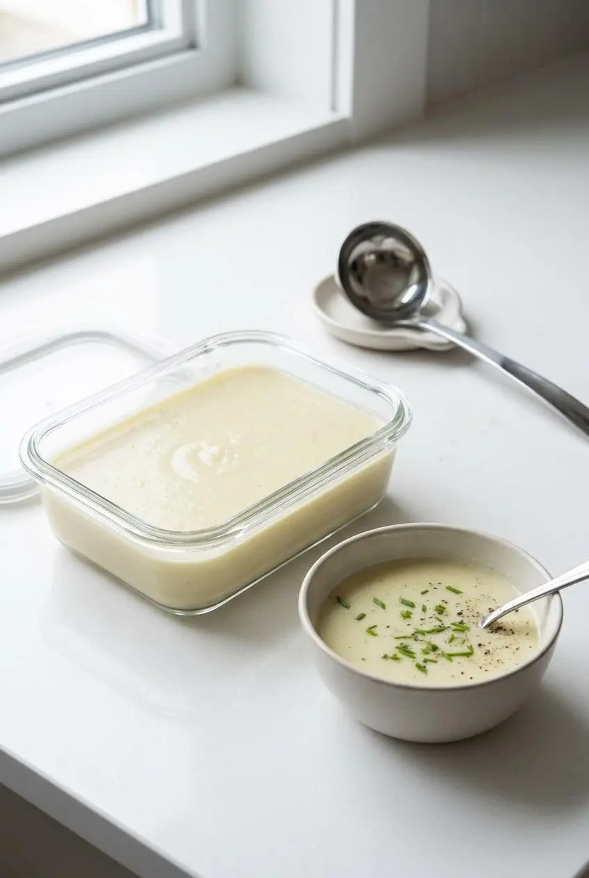 Chilled potato leek soup stored in a clear glass container next to a reheated bowl.