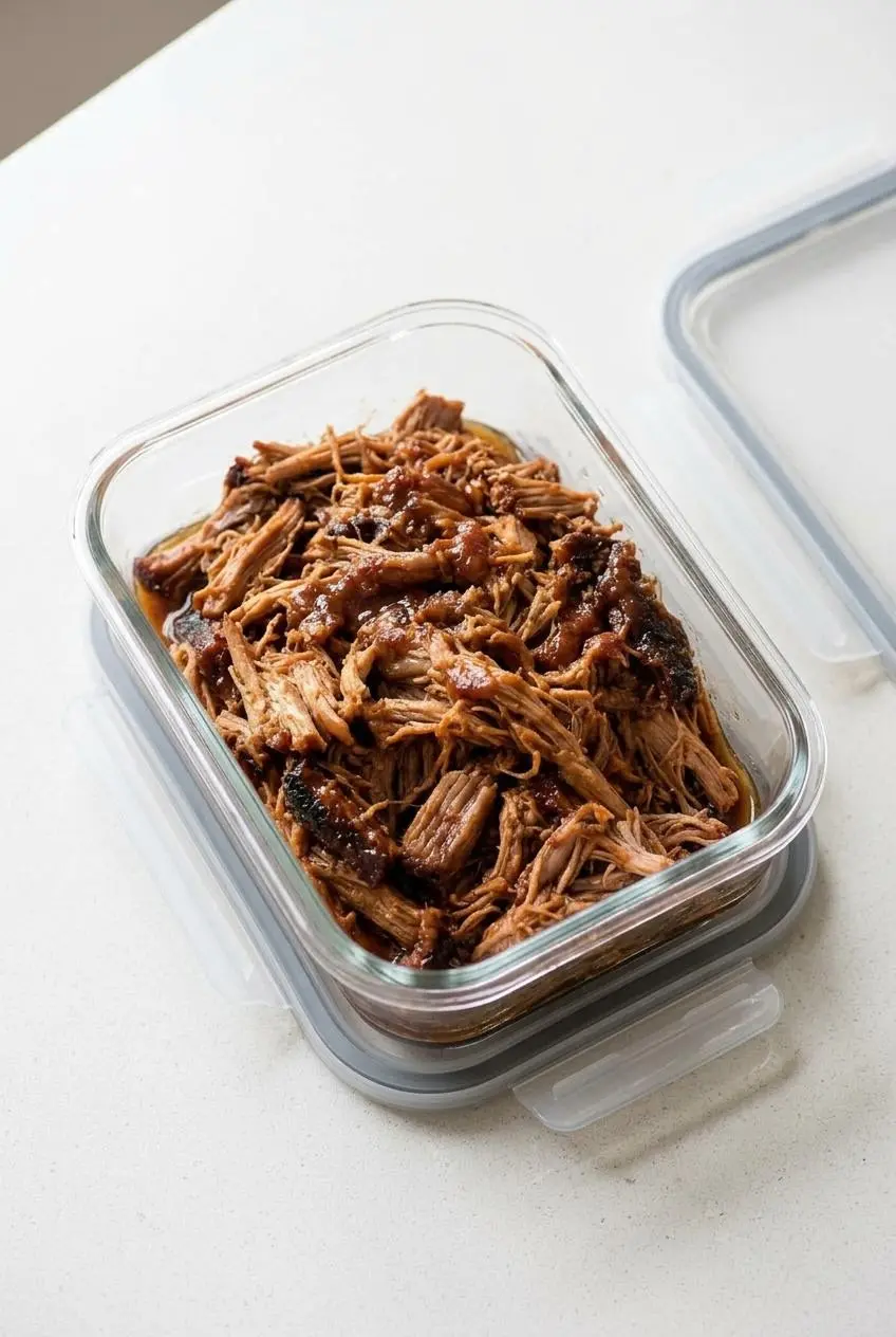 Portioned cooked pulled pork with braising juices inside a clear glass meal-prep storage container.