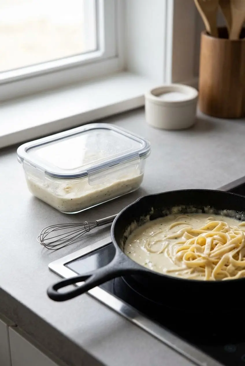 Storing leftover Alfredo sauce in an airtight glass container and gently reheating in a small skillet.