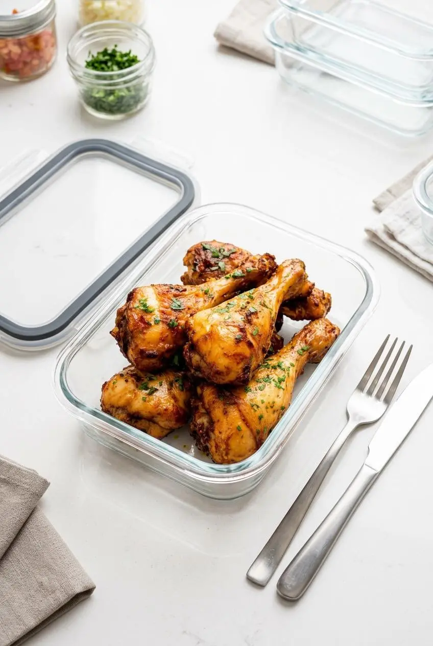 Roasted chicken drumsticks packed in a clear glass storage container.