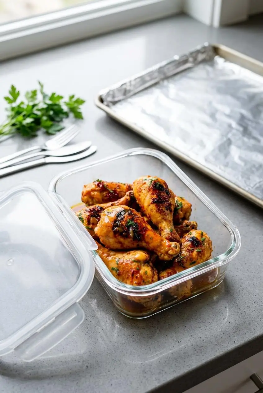 Cooked barbecue chicken drumsticks neatly stored in a clear glass airtight meal prep container.