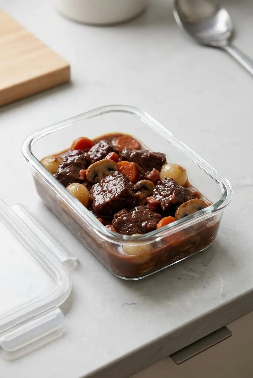 Beef bourguignon packed in a clear glass storage container on a light gray counter for meal prep.