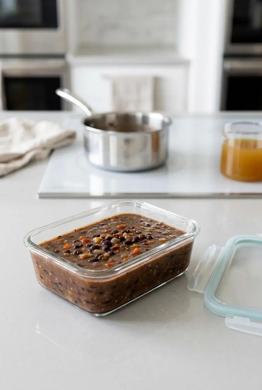 Black bean soup portioned into an airtight glass meal prep container on a kitchen counter.