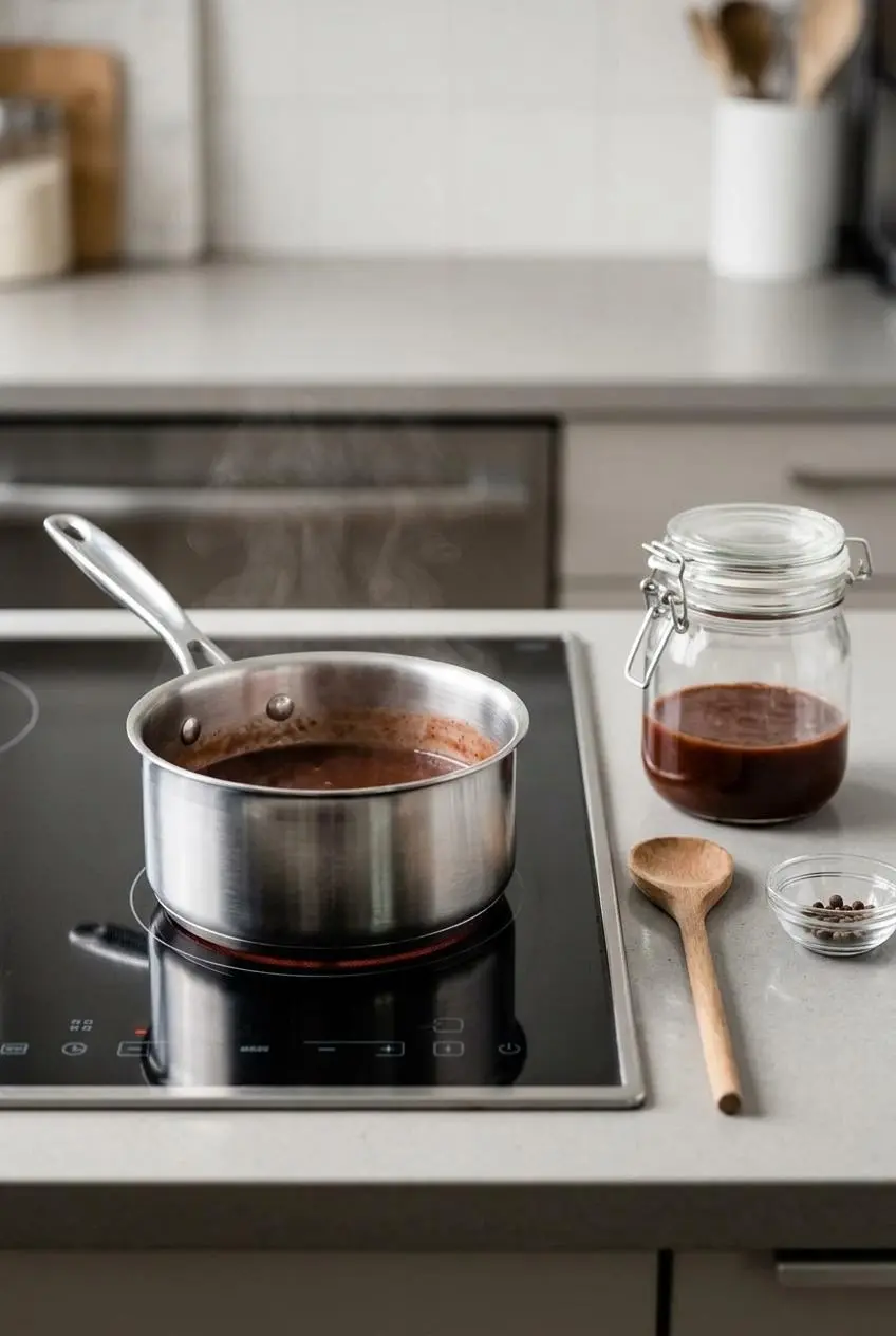 Reheating chilled bordelaise sauce gently in a small saucepan next to a glass storage jar.