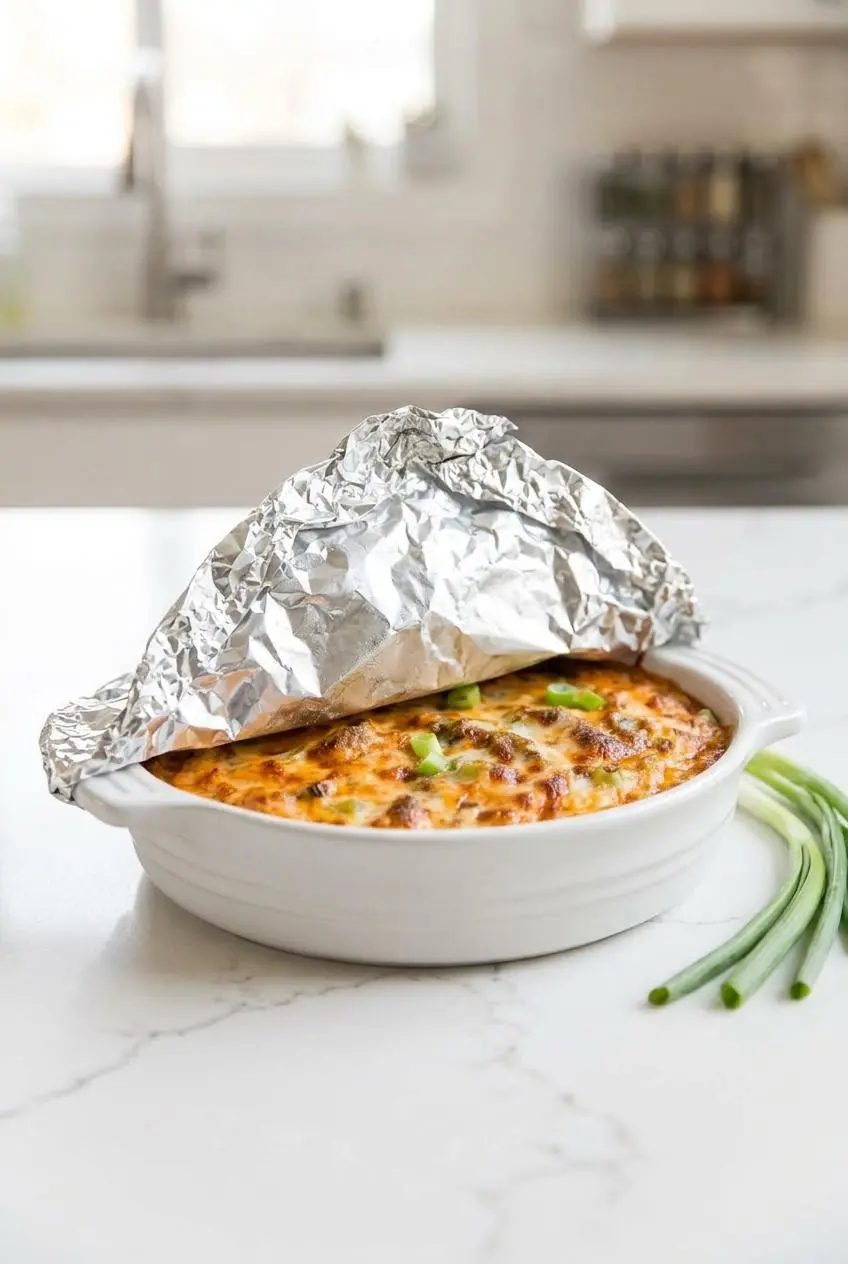 Ceramic dish of buffalo chicken dip covered loosely with a foil tent on a white kitchen counter.