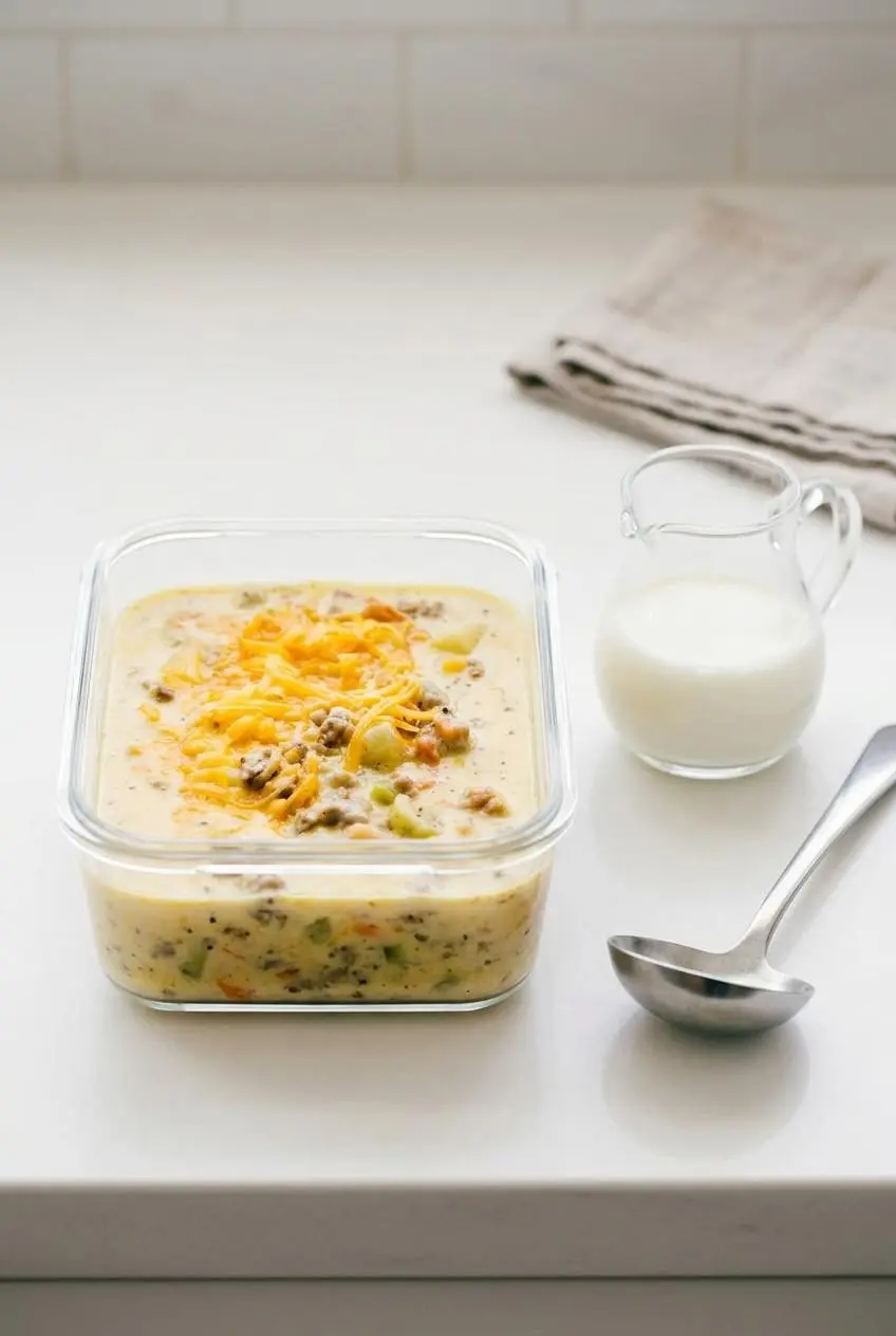 Cheeseburger soup stored in a clear glass container next to a small pitcher of milk on a countertop.
