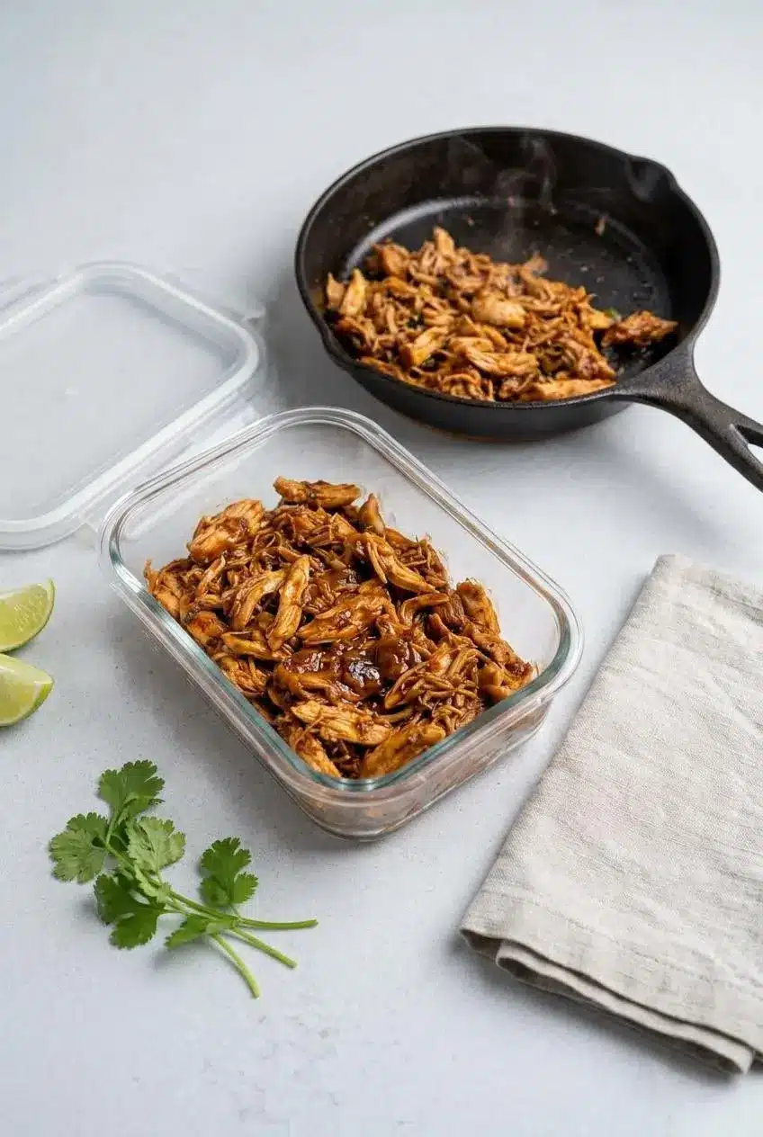 Chipotle shredded chicken taco filling in a glass meal prep container next to a small warming cast iron skillet.