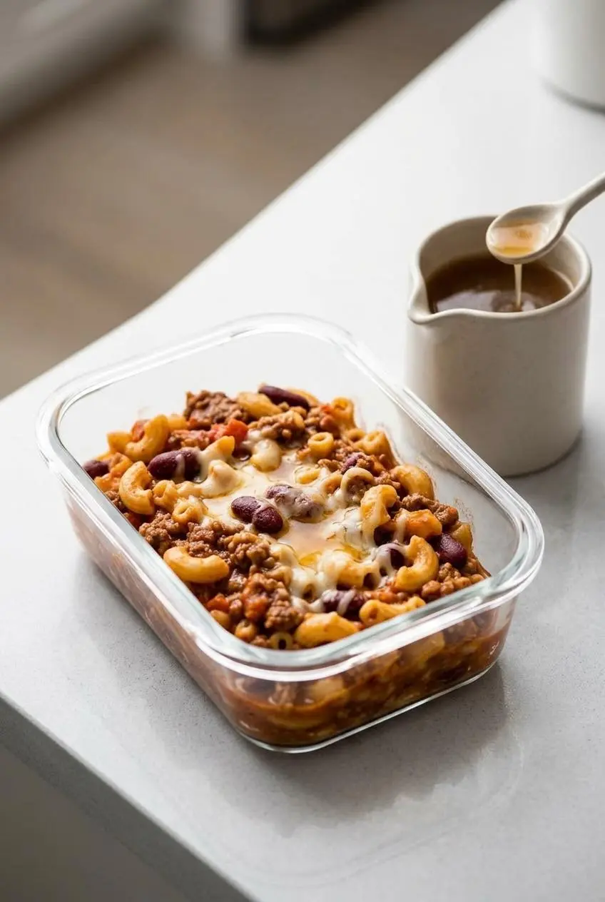 Leftover chili mac in a glass storage container next to a small pitcher of beef broth for reheating.