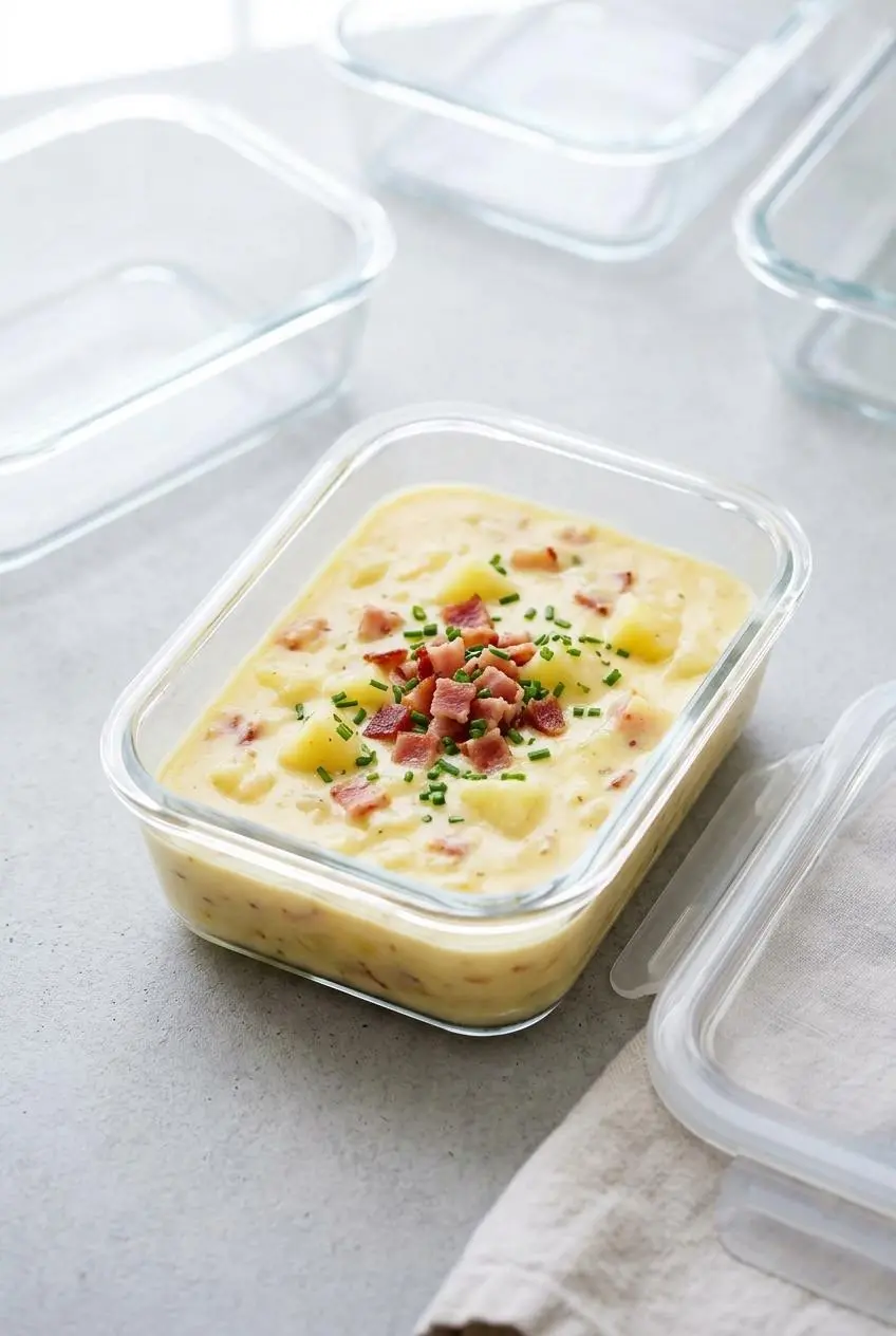 Creamy potato soup stored in a clear glass airtight meal prep container garnished with bacon and chives.