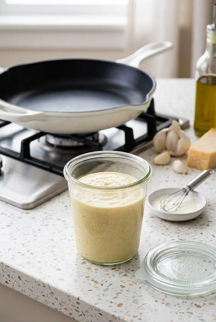Chilled garlic parmesan sauce stored in an airtight glass container next to a reheating saucepan.