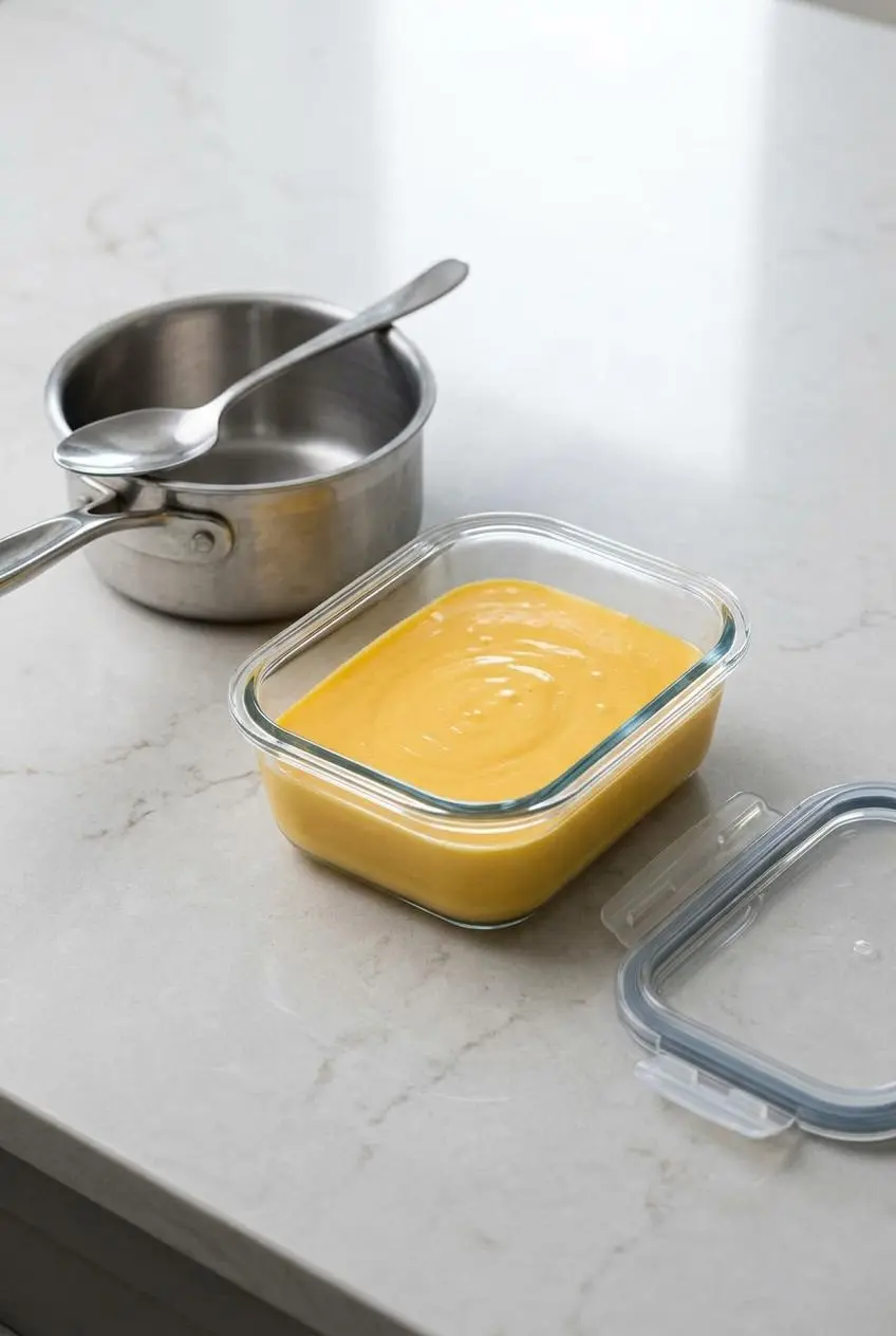 Cheddar cheese sauce stored in an airtight glass container next to a saucepan for gentle reheating.