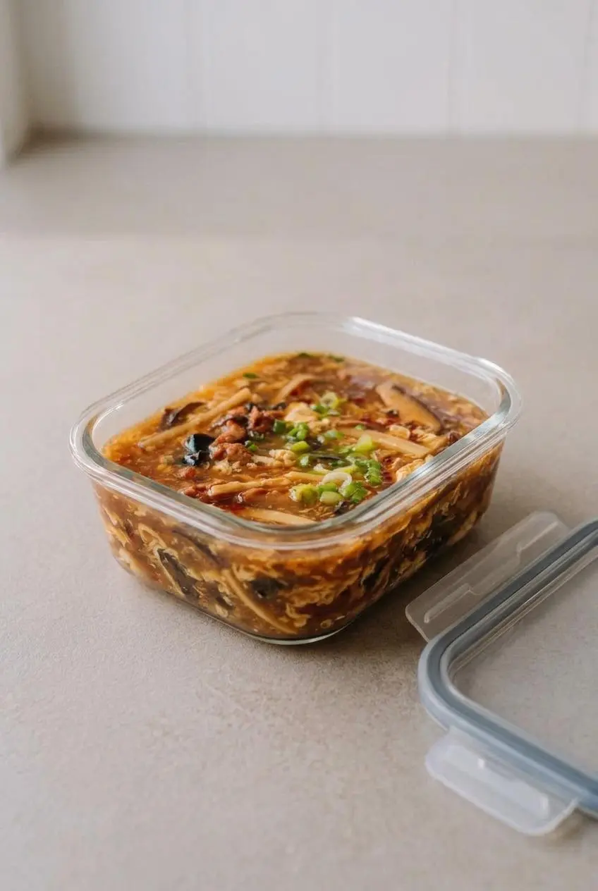 Hot and sour soup stored in a clear glass meal-prep container with an airtight lid on a stone counter.