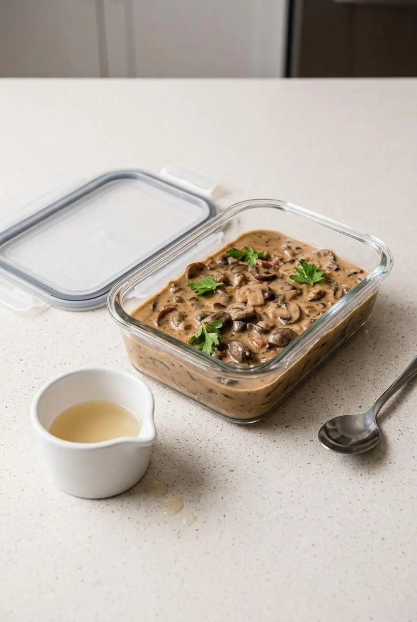 Chilled marsala sauce stored in an airtight glass container beside a small ramekin of broth for gentle reheating