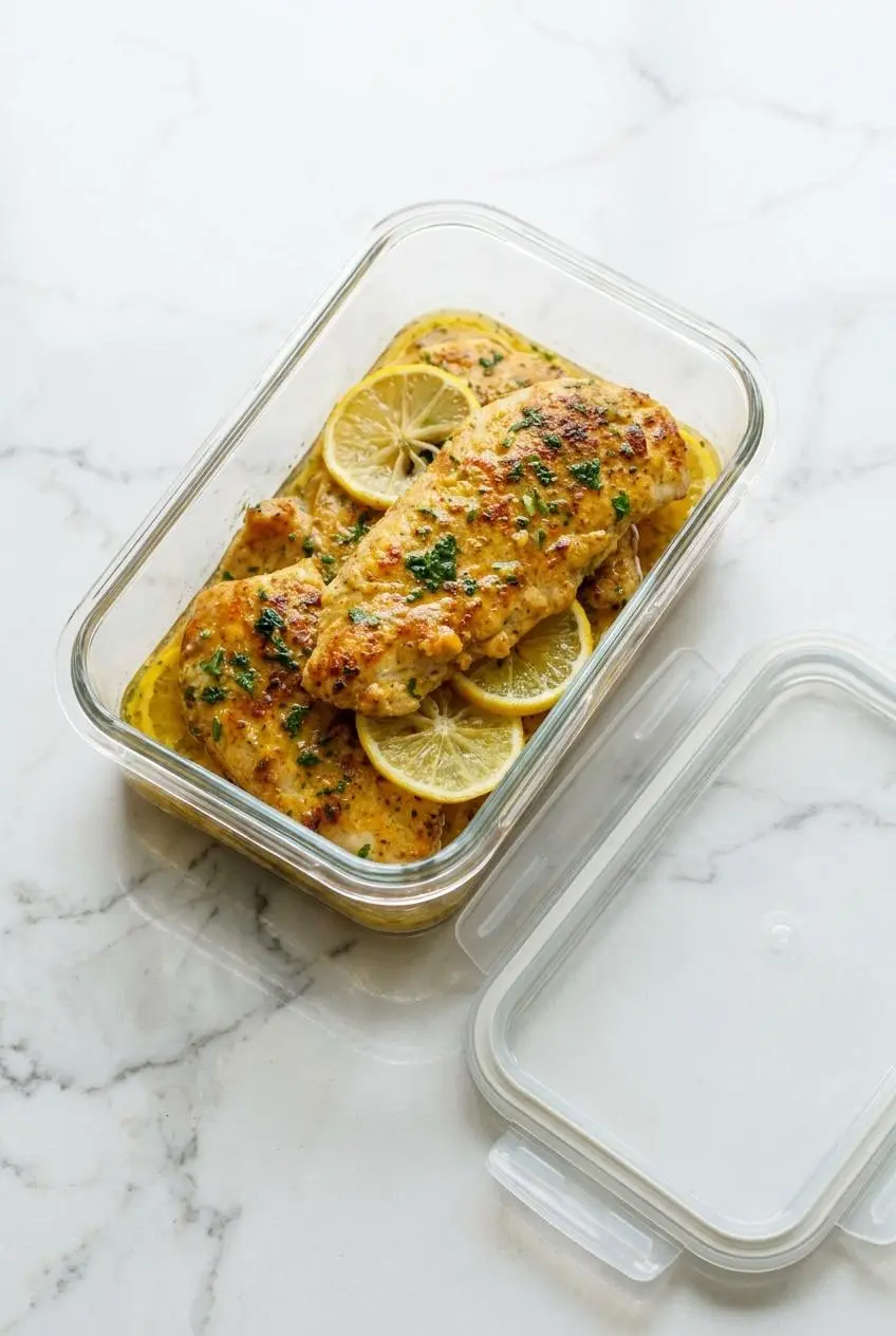 Cooked lemon pepper chicken cutlets stored with pan sauce in a glass airtight meal-prep container.