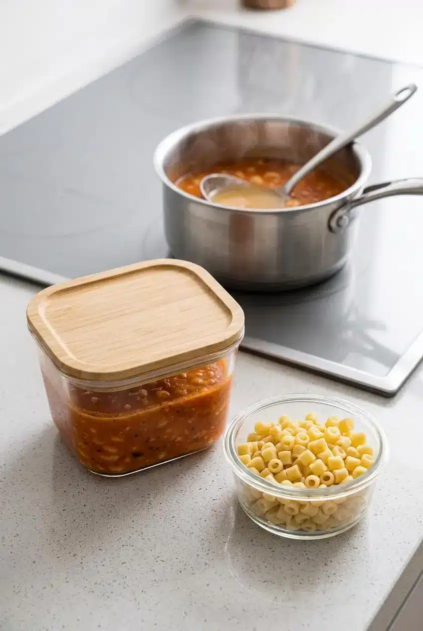 Glass storage containers holding pasta fagioli bean broth and cooked ditalini separately for meal prep.
