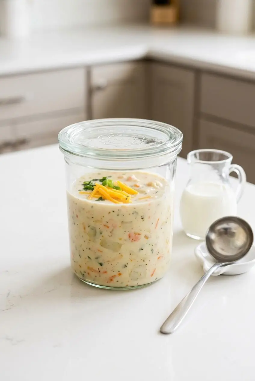 Creamy potato soup stored in a clear glass airtight meal prep container on a white quartz kitchen counter.