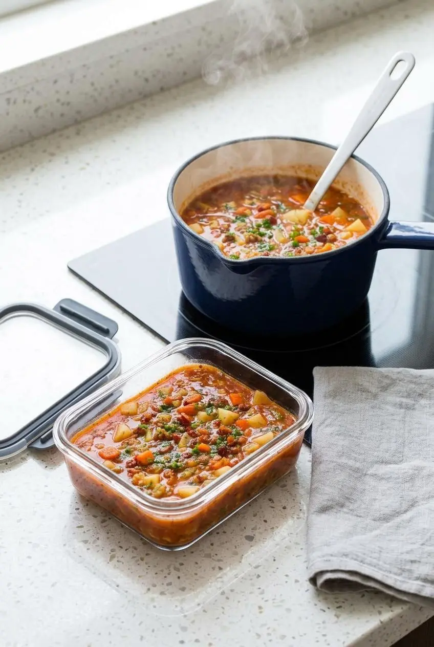 Glass container with leftover clam chowder next to a small saucepan gently reheating broth on low heat.
