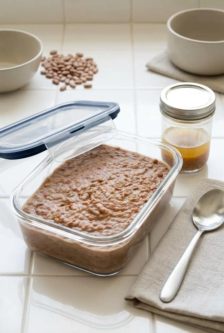 Glossy refried beans stored in a glass container next to a small jar of reserved bean cooking broth.