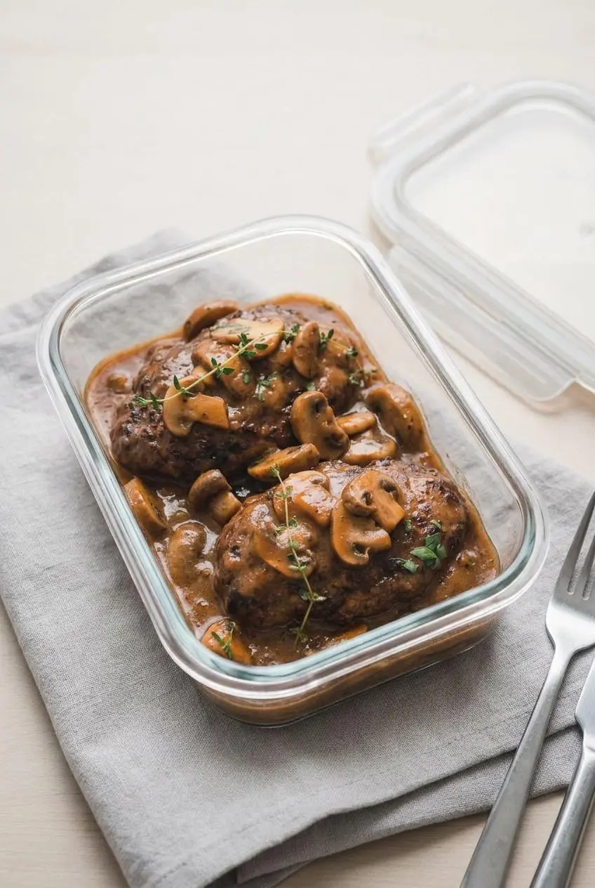 Two cooked Salisbury steak patties with mushroom gravy stored inside a glass meal prep container with its lid.