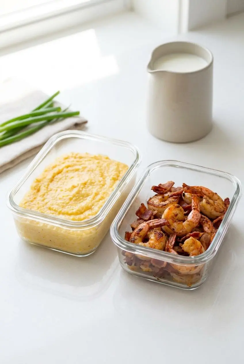 Airtight glass containers holding chilled cheddar grits and cooked jumbo shrimp separately on a kitchen counter.