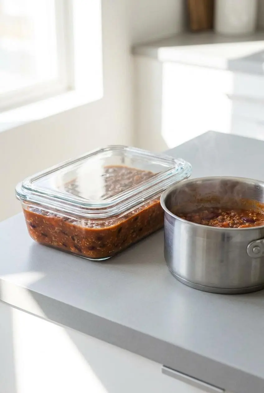 Chili stored in a glass container next to a small saucepan of chili warming on the counter.